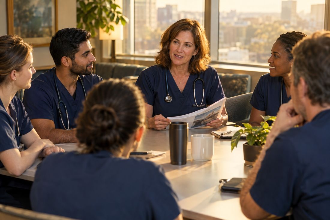 A hospital physician leader reviewing a workbook with attending physicians and nurses