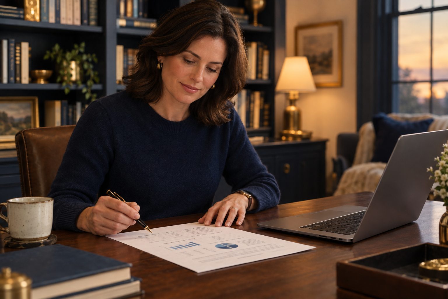 A medical professional reviewing a printed financial plan at her desk in the evening
